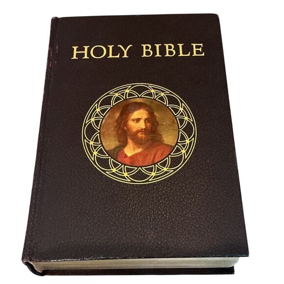 Holy Bible Catholic Action Addition Goodwill Brown Gold MCM 1953 50s Illustrated - Picture 1 of 16